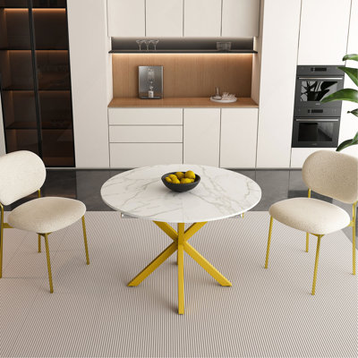 Table à manger ronde moderne et simple avec pales extensibles, base en acier au carbone en X, robuste et durable, convenant aux restaurants, petits appartements et cuisines (peut accueillir 4 à 6 personnes)