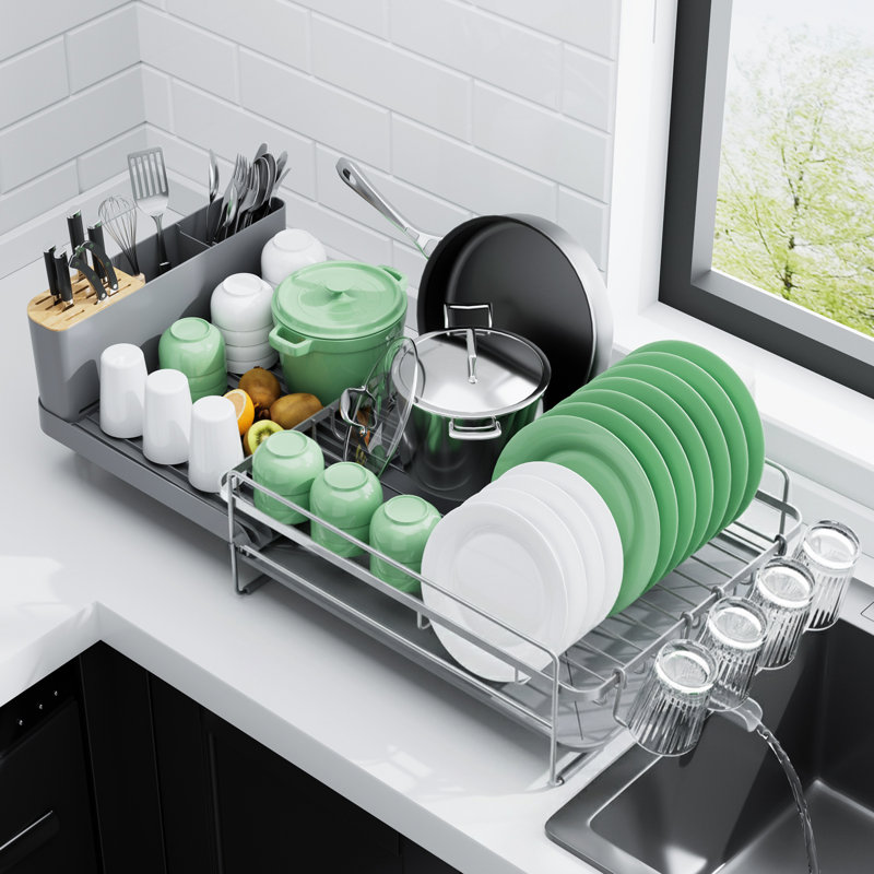 Extendable Dish Drying Rack, Large Drying Dish Rack with Cutlery & Cup Holders, Multifunctional Dish Racks for Counter with Drainage, 18.2"-25.7" L x 12.9" W, Sliver