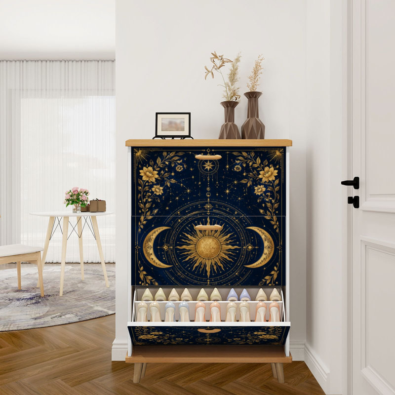 Shoe Storage Cabinet with 3 Flip Drawers for Vintage Celestial Design Golden Sun Moon Stars Dark Shoe Rack Storage Organizer