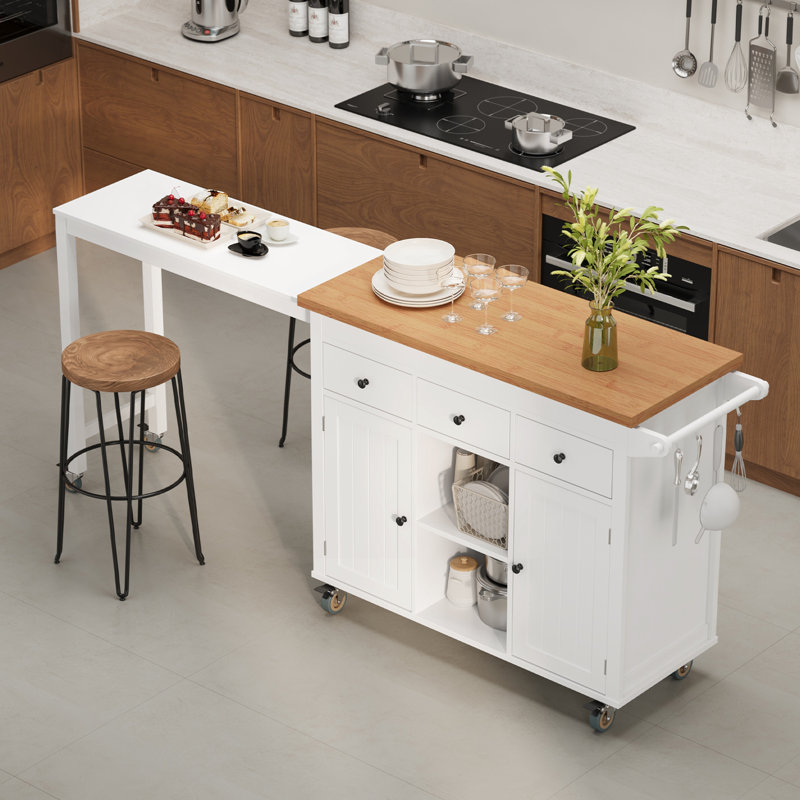 Modern Kitchen Island with Extendable Dining Table, Large Rolling Kitchen Cart with 3 Drawers, 2 Cabinets and Open Shelves, Mobile Kitchen Table on Locking Wheels