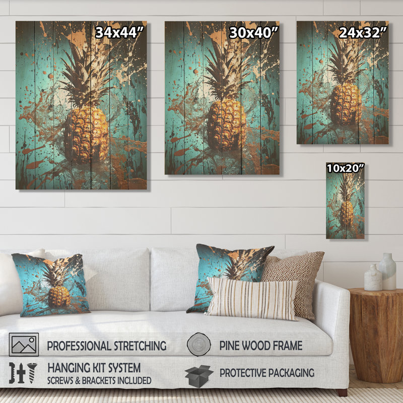 Ananas abstrait turquoise torsadé - ananas sur bois, H 20 po x l 10 po