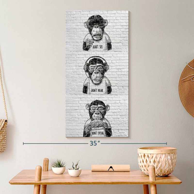 Three Wise Monkeys BW sur impression sur toile, H 30 po x l 15 po x P 1,25 po