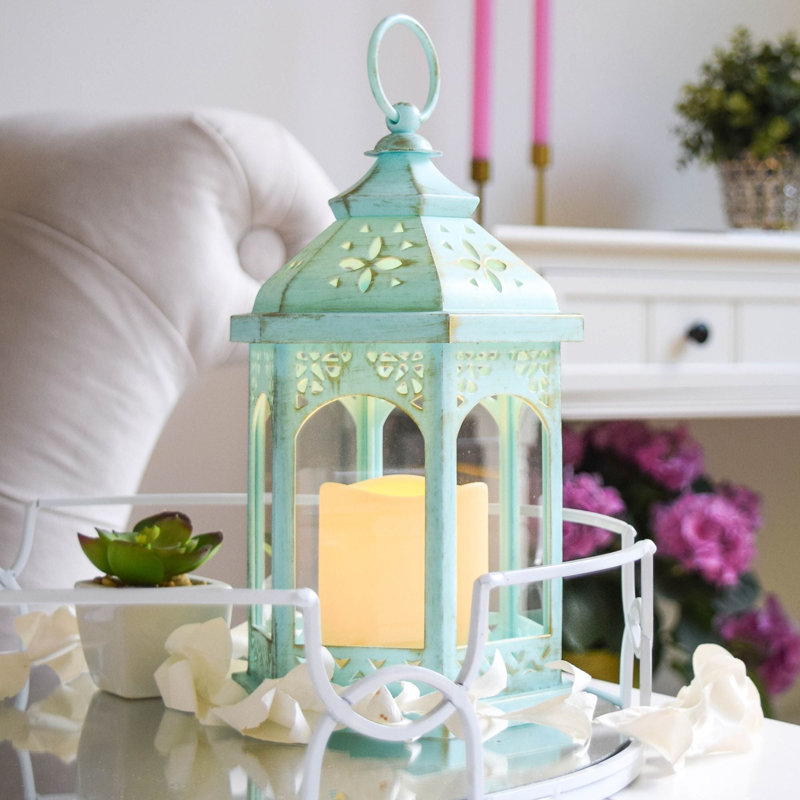 Washed Hexagon LED Lantern (Set of 2), Bleu
