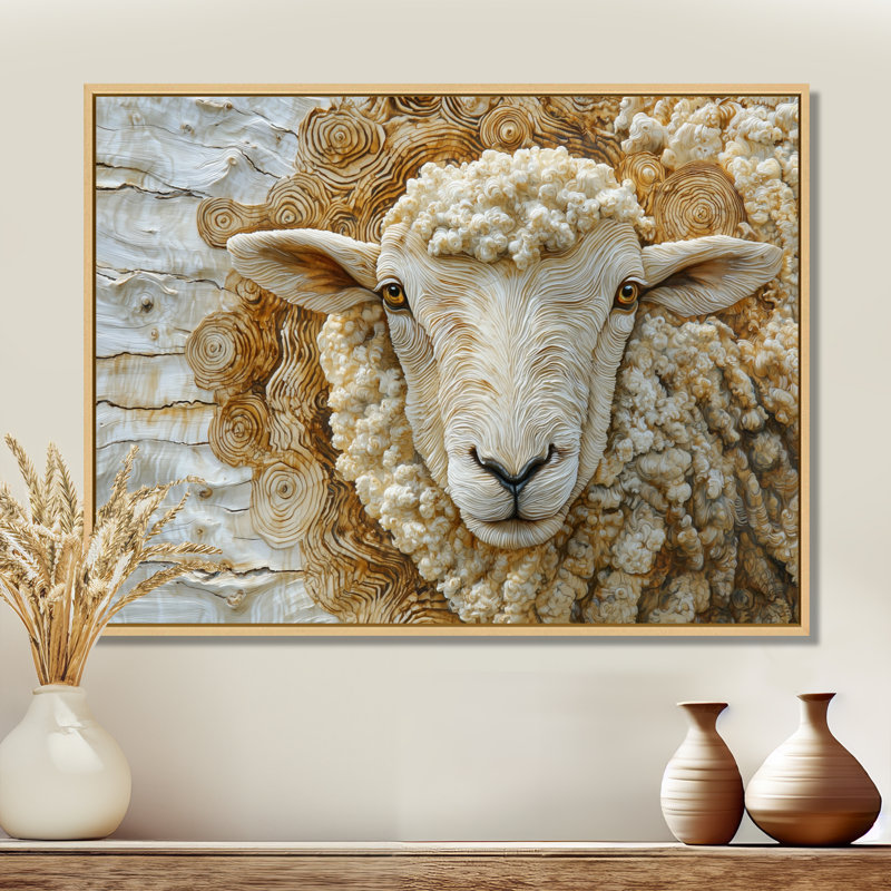 Ditya Sheep Portrait In Farm Farm Wood II - Moutons, art mural pour le salon, H 30 po x l 40 po, Crème, crème