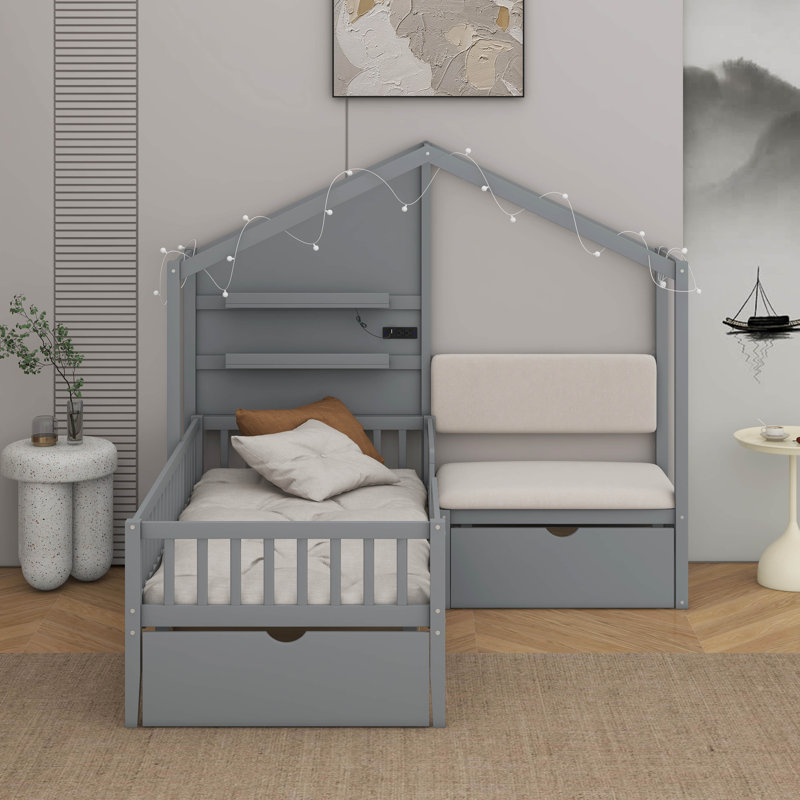 Lit simple avec canapé-lit, tablettes et deux tiroirs, Gris