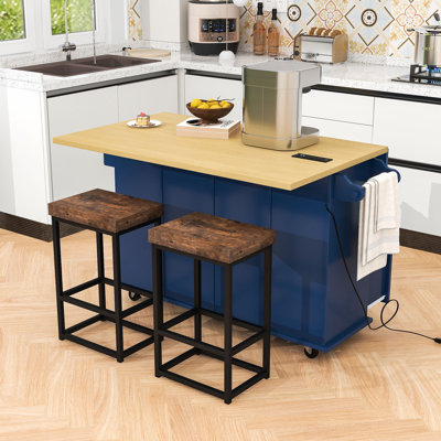 Adda Rustic Storage Kitchen Island Set with Expandable Drop-Leaf Tabletop and 2 Stools