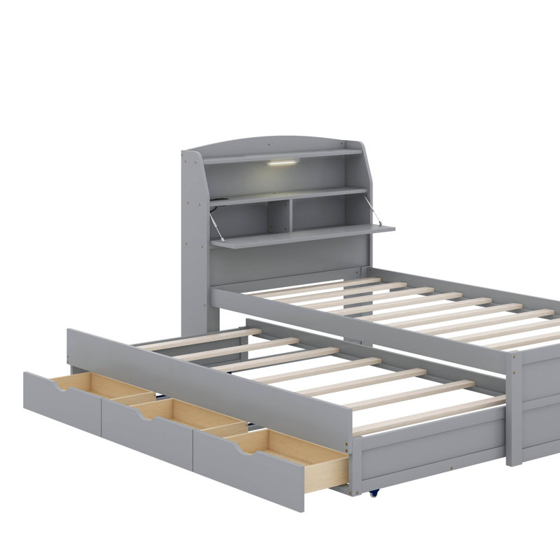Lit plateforme simple en bois avec lit gigogne, tête de lit et tiroirs à DEL, Gris