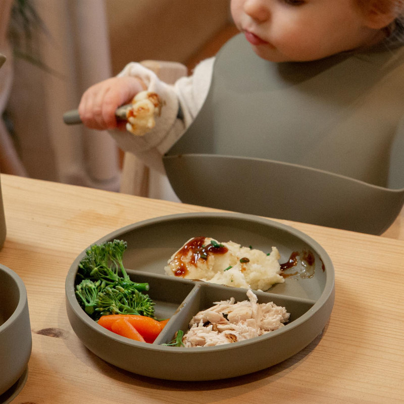 Tiny Dining - Baby Silicone Suction Plate, Fork & Spoon Set, Silver