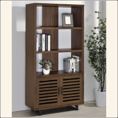 Bibliothèque à 3 tablettes avec armoire à portes à lattes, conception à dossier partiellement ouvert, mélamine résistante aux égratignures, dispositif anti-basculement, pour le bureau à domicile / salon