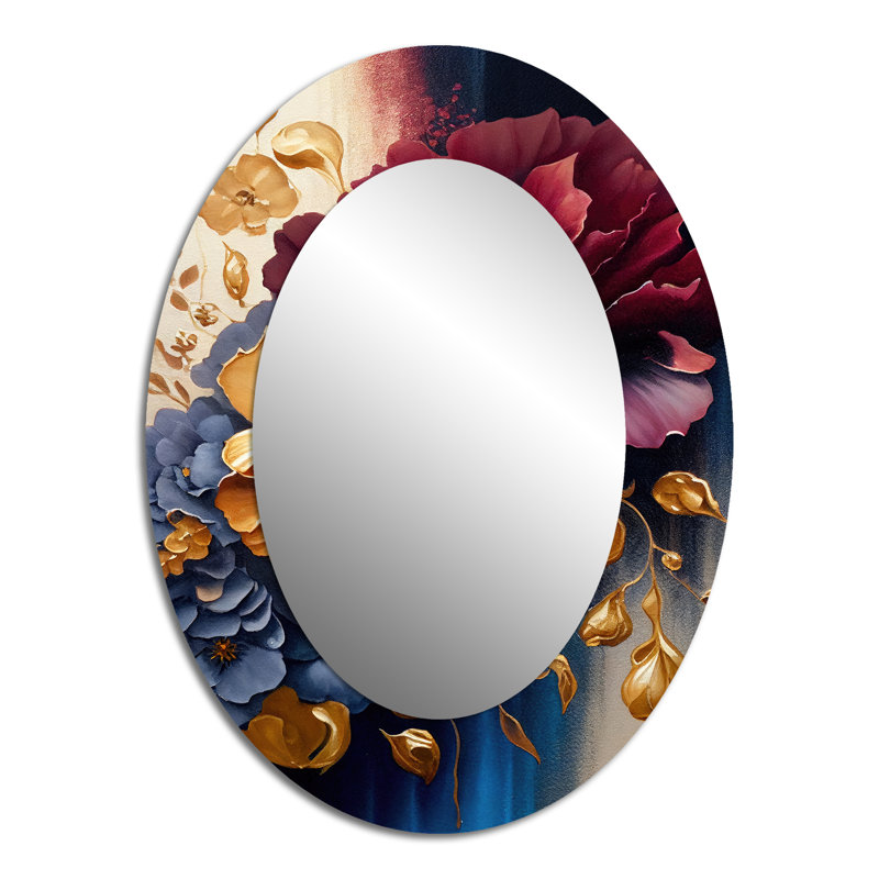 Décoration murale bourgogne et bleu floral II - miroir ovale rouge, 40 po x 30 po