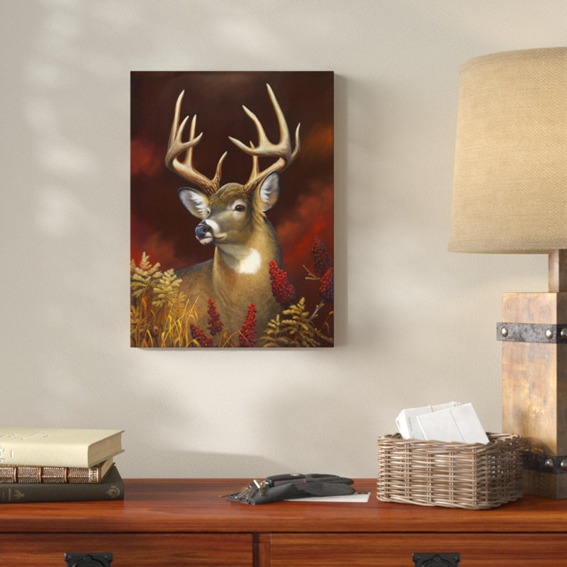 «Deer on Red» par Leo Stans - Impression sur toile, H 32 po x l 24 po x P 2 po