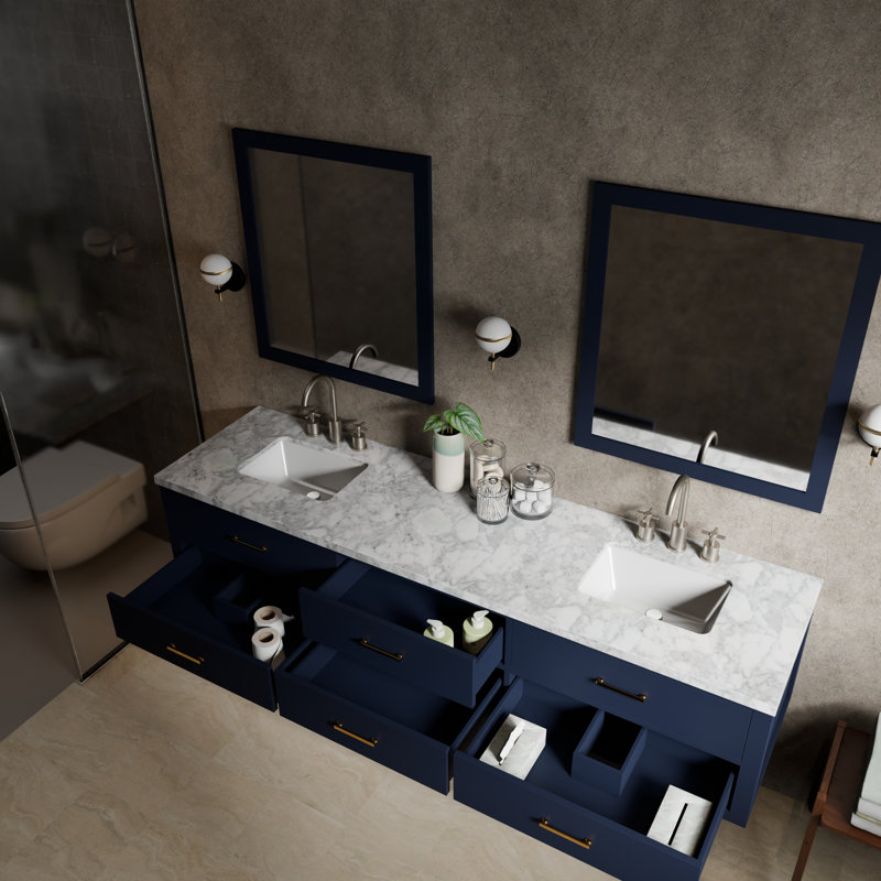 Ensemble de meuble-lavabo double mural 84 "avec miroir Castor, Bleu, Marbre de Carrare blanc