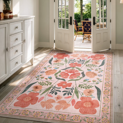 Kaldi Vintage Floral Washable Area Rug with Non-Slip Backing, Soft Botanical Farmhouse Rug for Living Room, Bedroom, Dining Room