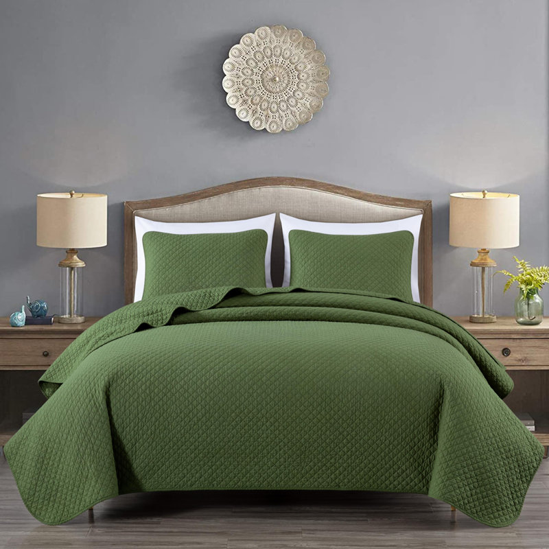 Solid Color Cotton Quilt Cotton Quilt, Queen Quilt + 2 Standard Shams, Loden