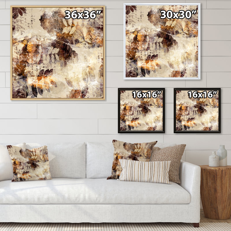 Motif grunge brun, orange et gris - peinture sur toile, H 17 po x l 17 po, Cadre blanc