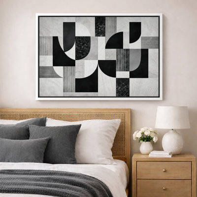 Abstrait noir et blanc, motif de grille géométrique, photos de salon contemporain, impression sur toile encadrée