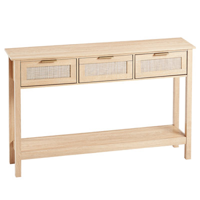 Table d'entrée avec porte coulissante naturelle, 3 tiroirs de rangement et conception multifonctionnelle, convient au mur de télévision, au bureau ou au vestibule, panneau de particules en chêne, console à bout, rangement ouvert, salon, garde-manger