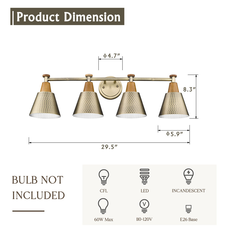 4 - Light Dimmable Vanity Light, Brass