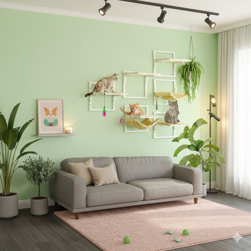 Système de tablettes murales conçu pour une utilisation féline à l'intérieur.