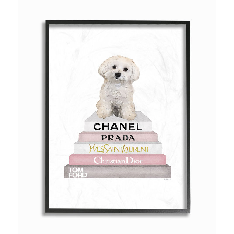 « mode designer pet dog bookstack blanc rose », impression, H 30 po x l 24 po x P 1,5 po, Giclée encadrée noir minuit