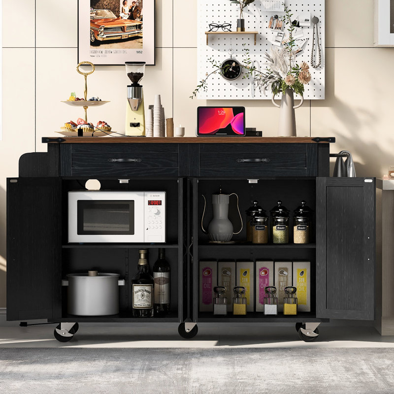 53.5''W X 29.15''D 36.5''H Kitchen Island With Power Supply, Drop Leaf, Rolling Cart, Black For And Dining Cart Outlet, Storage, On Wheels,