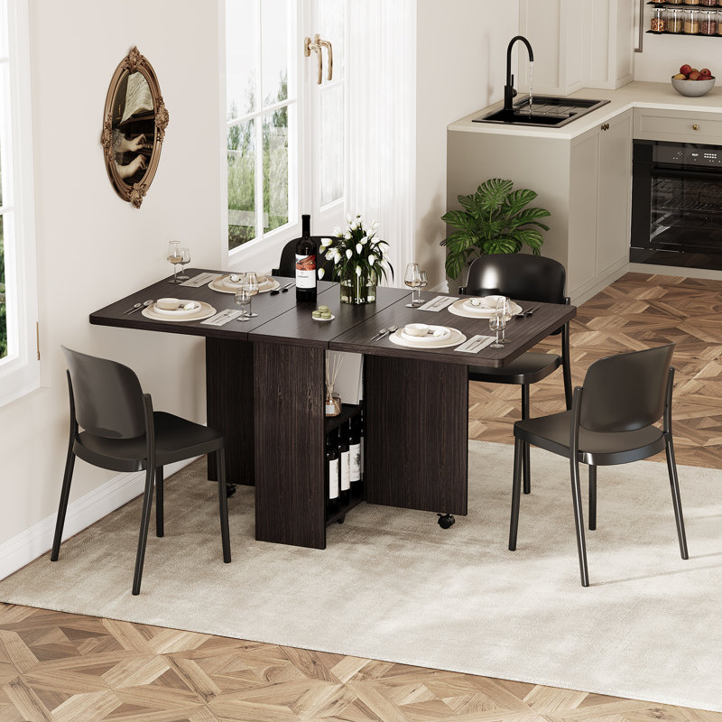 Folding Dining Table with 6 Wheels – Drop Leaf Table with 2-Tier Storage Shelves, Extendable Space-Saving Seats 2-4 for Small Spaces, Kitchen, Apartment, Office – Walnut, 120W x 60D x 75H cm