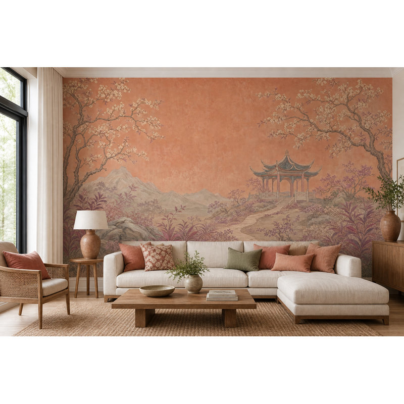 Papier peint paysage asiatique Pavillon de jardin asiatique amovible, 160"x108", Textured Non-Pasted