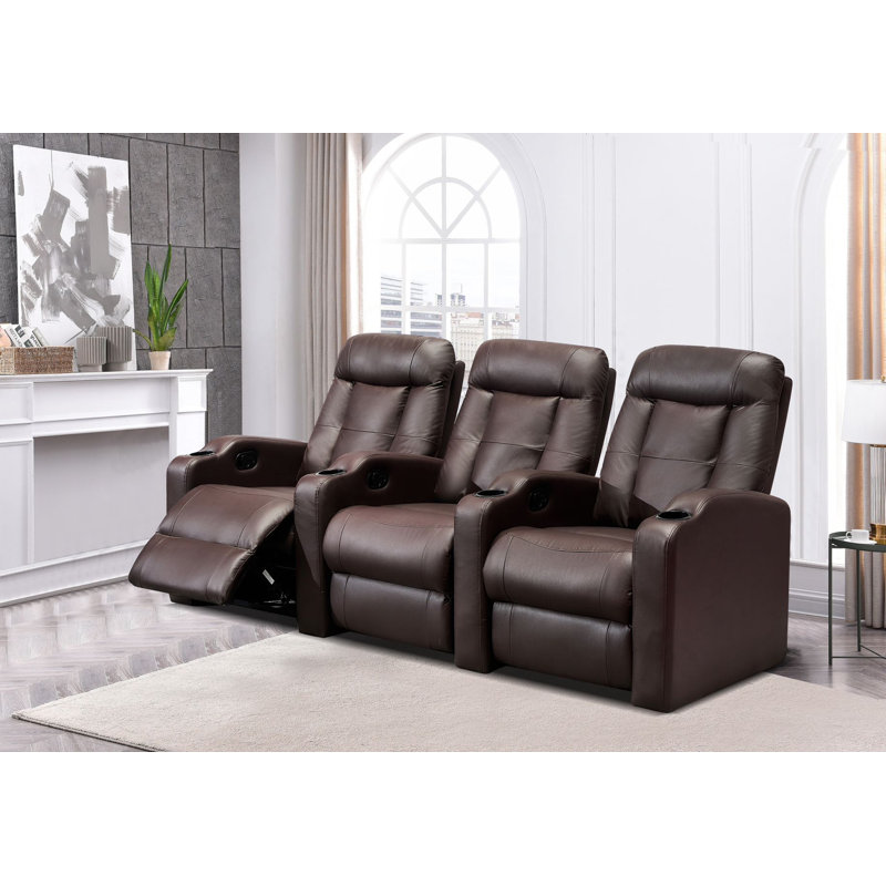 Siège de cinéma manuel en faux cuir de 91 po de largeur configurable avec porte-gobelet, Brun