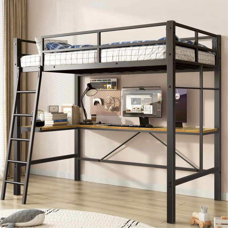 Twin Metal Loft Bed With L-Shaped Desk, Charging Station Loft Bed Frame Twin Size, Safety Guard & Ladder, No Box Spring Needed, Black