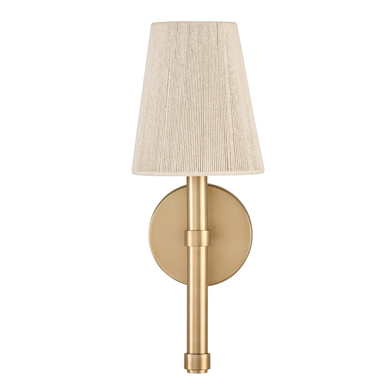 Applique murale 1 lumière l 5 po x H 14 po en laiton mat avec abat-jour en corde naturelle blanchie conique