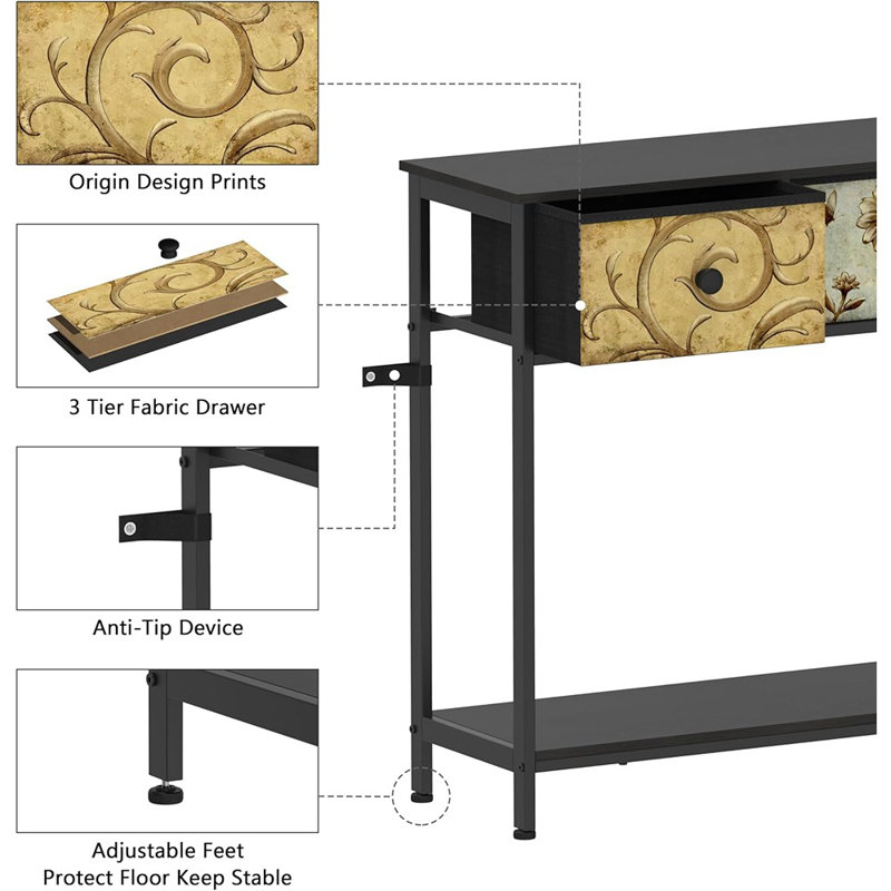Black Metal Console Table with Retro Floral Fabric Drawers and Storage Shelf