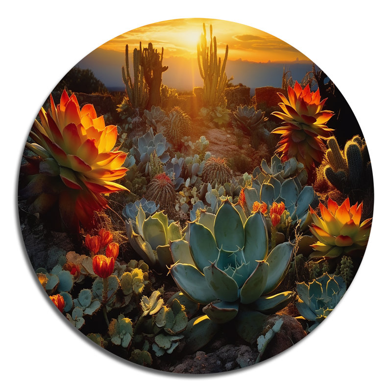 Succulent désert, cactus brûlant, coucher de soleil - art floral rond en métal, H 16 po x l 16 po