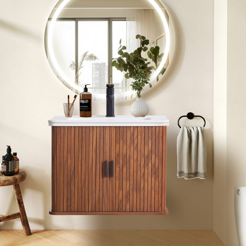 24.13" Wall Mounted Single Bathroom Vanity Set With Sink Top, Faucet And Fluted Design Cabinet, Walnut