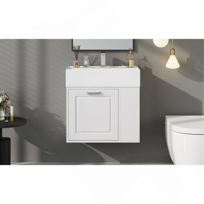 Meuble-lavabo mural de 21,8 po avec lavabo, armoire flottante murale, grand tiroir, tablette réglable, porte-papier hygiénique, système de fermeture en douceur, blanc
