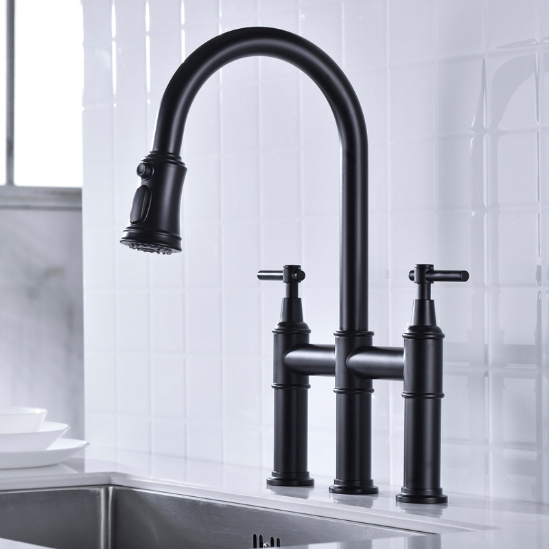 Robinet de cuisine Bridge avec douchette extractible encastrée, Noir mat