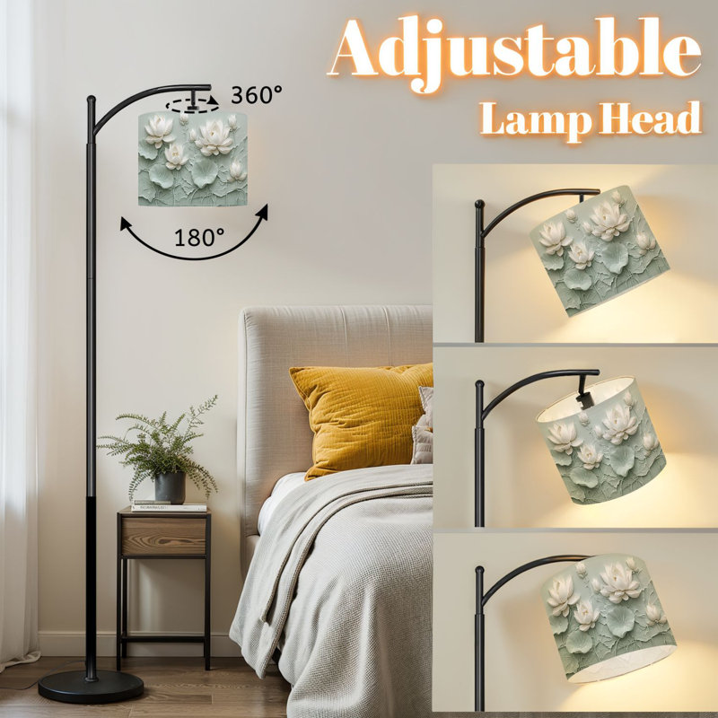 Lampe sur pied à arc avec abat-jour réglable Fleurs de lotus blanches élégantes Feuilles vertes délicates Lampe sur pied à 3 températures de couleur à intensité variable avec interrupteur au pied pour la chambre à coucher