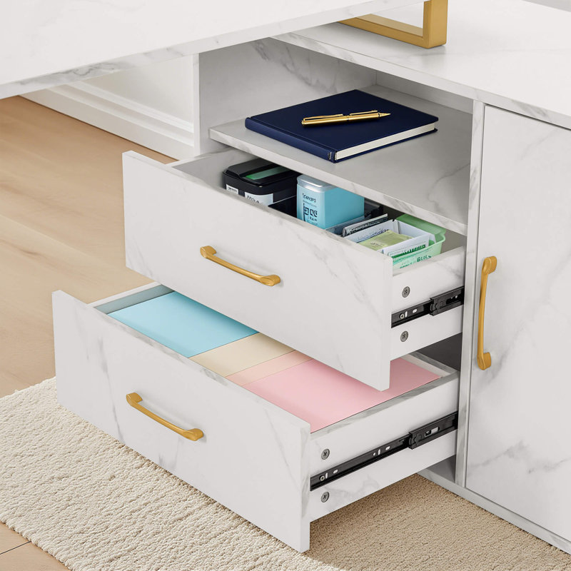 L-Shaped Writing Corner Desk, Computer Desk with Drawer and Cabinet, White/Gold