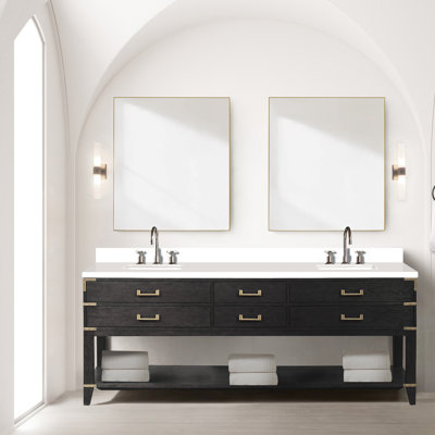 Meuble-lavabo double en chêne noir 22 po D Avec comptoir en marbre de culture fini à la main, robinet et quatre tiroirs pour solution de rangement.