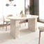 Table de salle à manger extensible pour 4 à 8 personnes, bords arrondis, piètement en lattes de bois, style inspirant, avec coins arrondis, idéale pour les réunions de famille au salon.