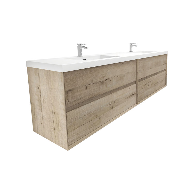 Asaya 83.4 " W Wall Mounted 2 Double Vanity Bathroom Vanity With Acrylic Top, Light Oak