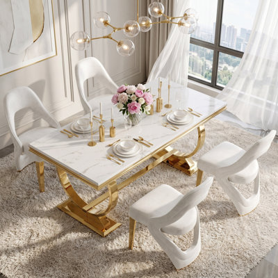 Ensemble de salle à manger 7 pièces blanc et or 70 po avec 4 chaises en velours