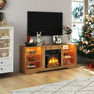 Meuble télé pour téléviseur de 62 po ou moins, foyer électrique avec tablettes en verre, lumières DEL, prises de courant doubles et ports USB