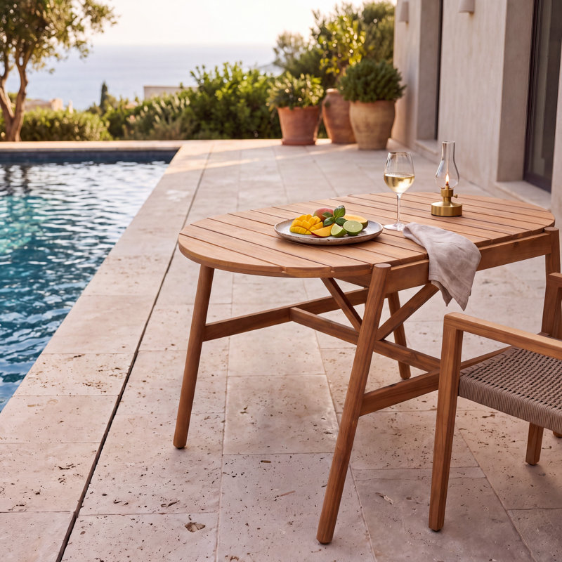Table de salle à manger d'extérieur moderne Pavia 44'' en bois d'acacia, table de patio ovale à lattes avec pieds inclinés