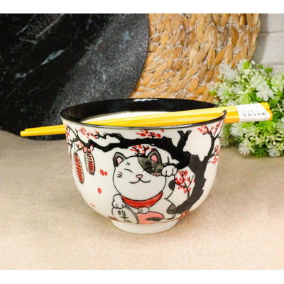 Ensemble de bol à ramen en porcelaine avec baguettes Maneki Neko Sakura Lucky Cat