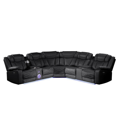 Canapé modulaire en forme de U en similicuir, structure en bois, fauteuil inclinable électrique, cuir inclinable noir, détails en acier inoxydable