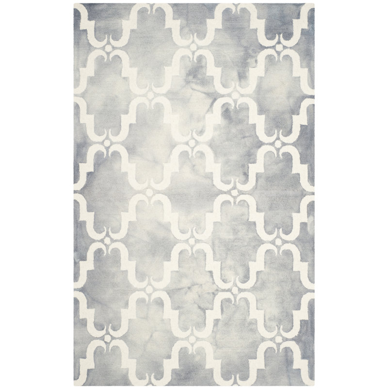 Tapis gris / ivoire en laine touffeté à la main à motif géométrique, Rectangle 5 pi x 8 pi