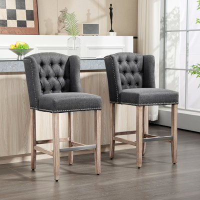 Chaises de bar à hauteur de comptoir, de 2 en gris foncé, avec siège rembourré et pieds en bois massif pour tabourets de cuisine gris 2, siège, dossier, garniture cloutée, bois tropical