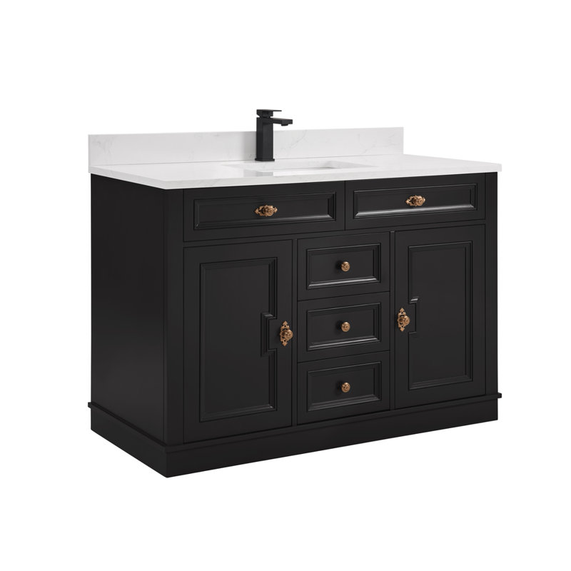 48" Solid Wood Sink Vanity  With 1' Artificial Stone Top, Tricorn Black, Rose Gold