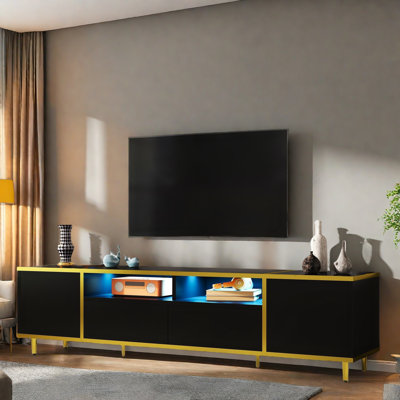 Modern Tv Stand With 2 Shelves, Led Lights, 2 Drawers, 2 Cabinets, Metal Legs And Golden Decorative Strips by Mercer41