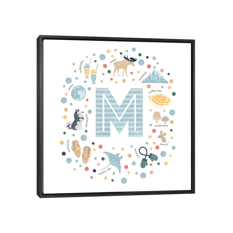 Lettre illustrée M bleue - impression, H 18 po x l 18 po x 1,5 po, Toile avec cadre noir patiné, Pas de tapis